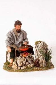 (AV39) Pasterz pieczy jedzenia, z oświetlonym ogniskiem- do figur o wysokości 30cm