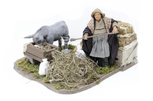 (TMAS) RUCHOMA FIGURA DO SZOPKI- Gospodarz z osłem w oborze, do figur o wysokości 12cm