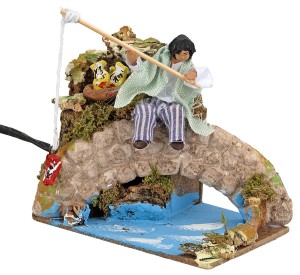 (12274) Siedzący wędkarz na moście, RUCHOMA FIGURA na 220V, do figur o wys. 8cm
